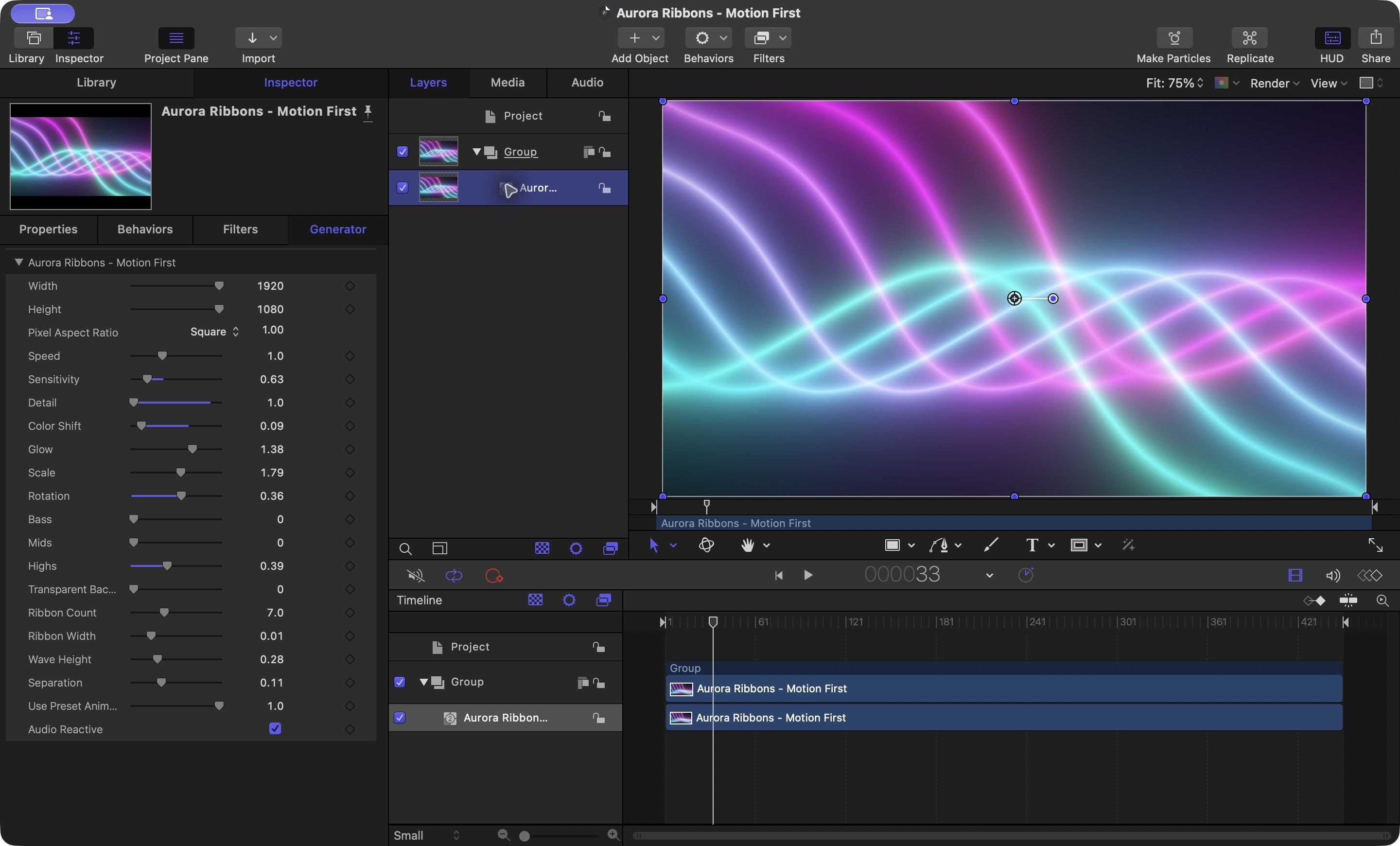 Aurora Ribbons template open in Apple Motion, with its published Generator controls in the Inspector and the Motion timeline below.